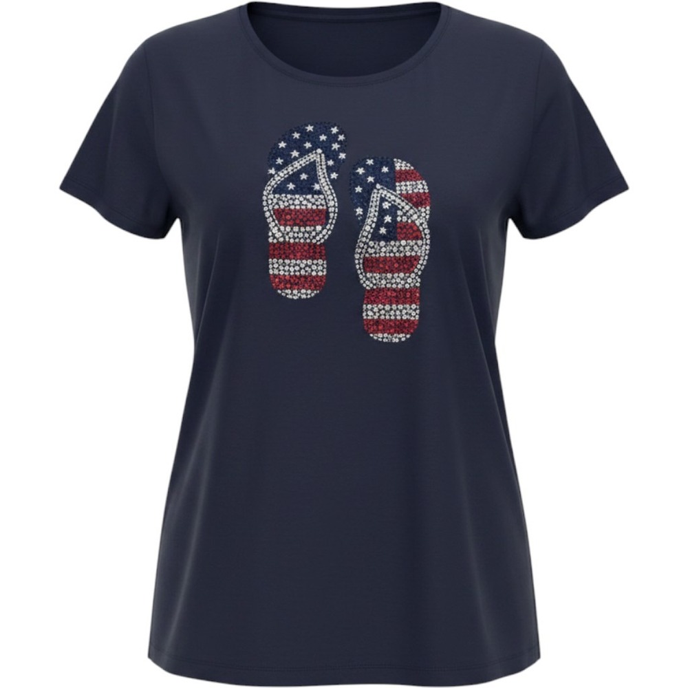 Coral Bay Women's Navy Blue Rhinestone American Flag Crew Neck T-Shirt Small NWT